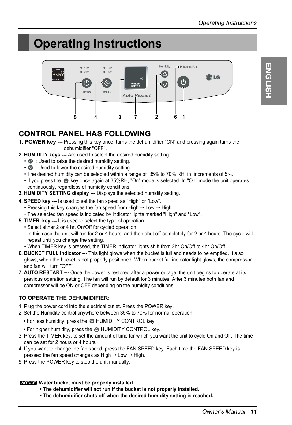 Operating instructions, Englishenglishenglish, Control panel has following | LG LD650EAL User Manual | Page 11 / 32