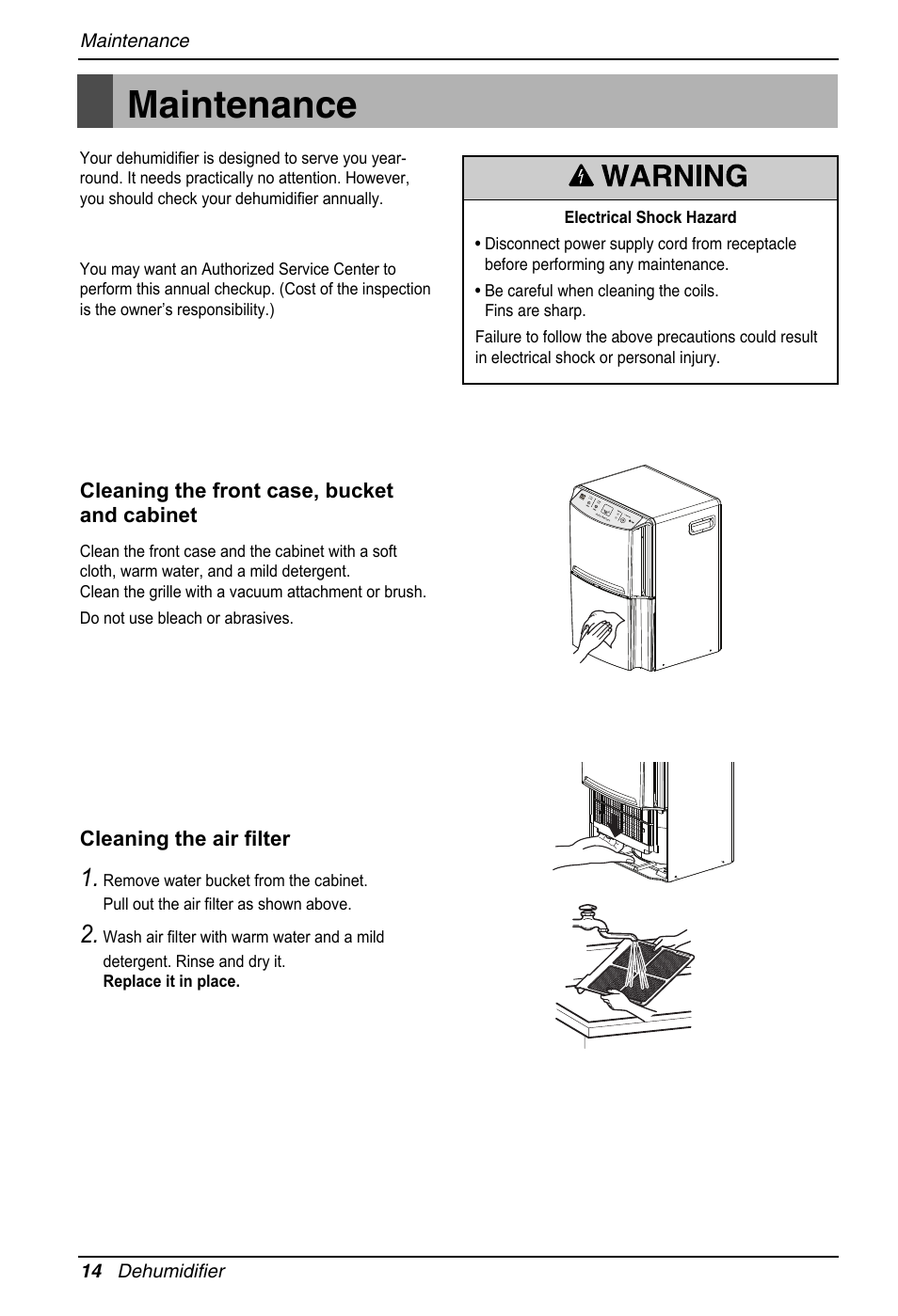 Maintenance, Cleaning the front case, bucket and cabinet, Cleaning the air filter | LG LD650EAL User Manual | Page 14 / 32
