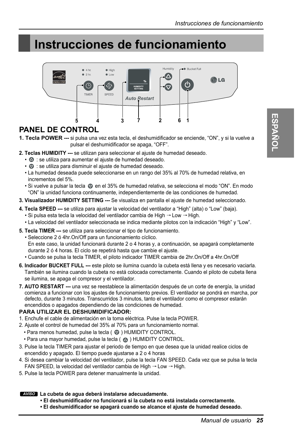 Instrucciones de funcionamiento, Es pañol, Esp añol | Panel de control | LG LD650EAL User Manual | Page 25 / 32