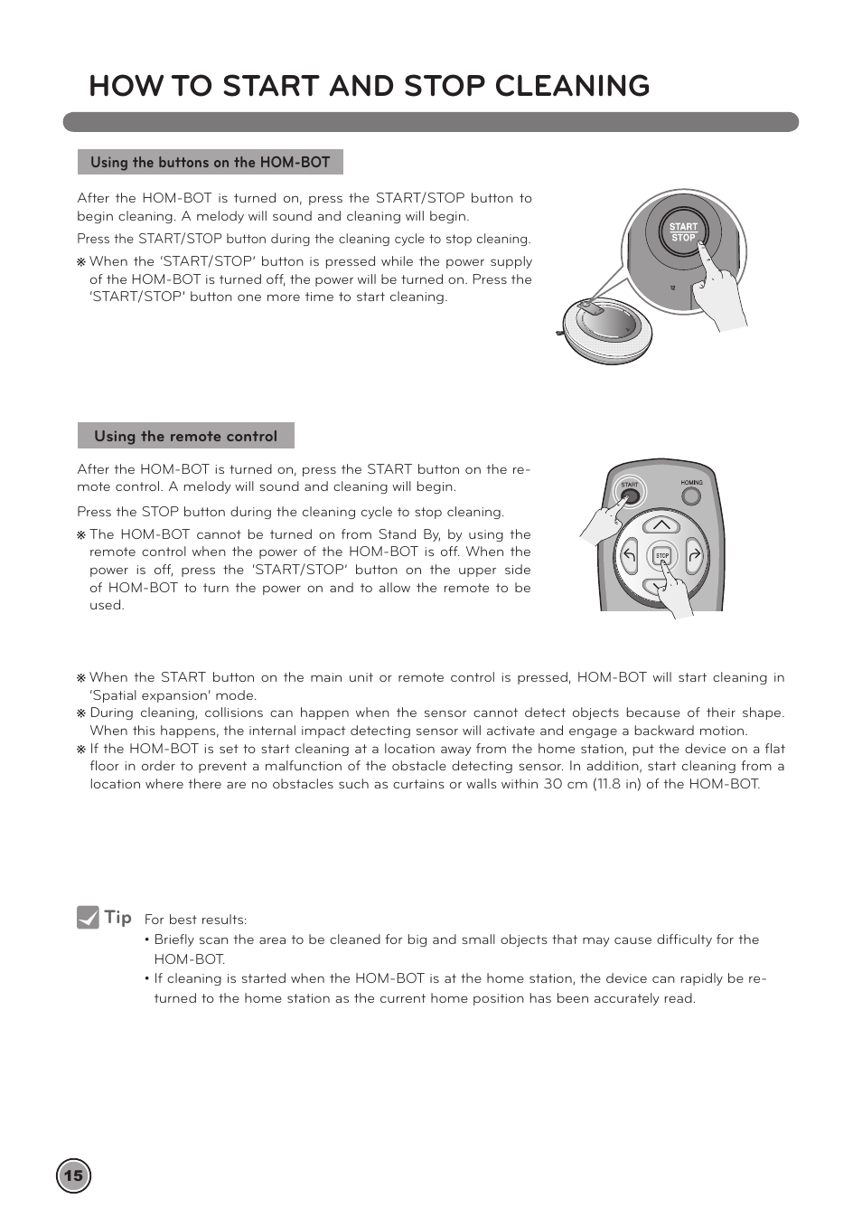 How to start and stop cleaning | LG LrV590S User Manual | Page 19 / 36