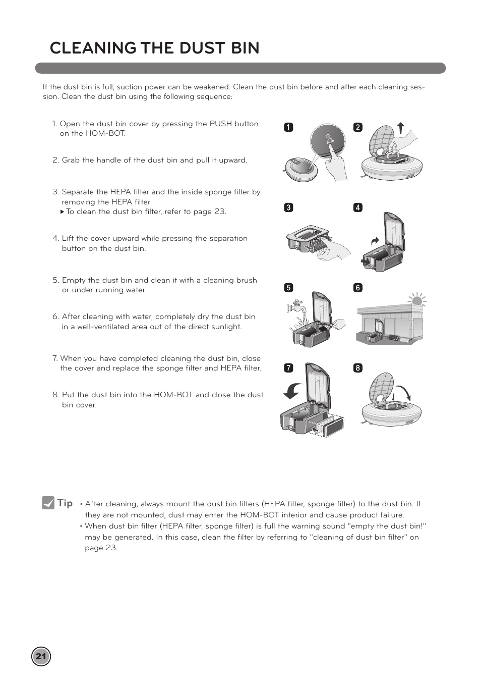 Cleaning the dust bin | LG LrV590S User Manual | Page 25 / 36