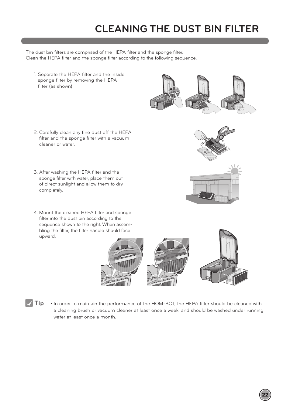 Cleaning the dust bin filter | LG LrV590S User Manual | Page 26 / 36