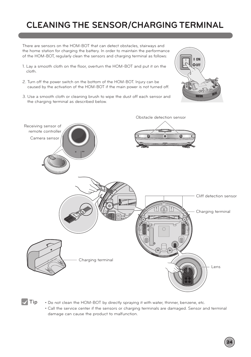 Cleaning the sensor/charging terminal | LG LrV590S User Manual | Page 28 / 36