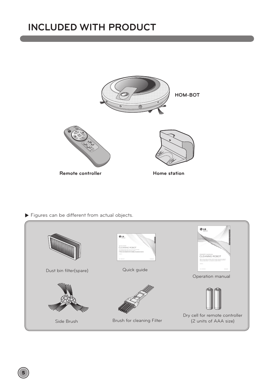 Included with product, Figures can be different from actual objects, Remote controller home station hom-bot | Brush for cleaning filter 5 | LG LrV590S User Manual | Page 9 / 36
