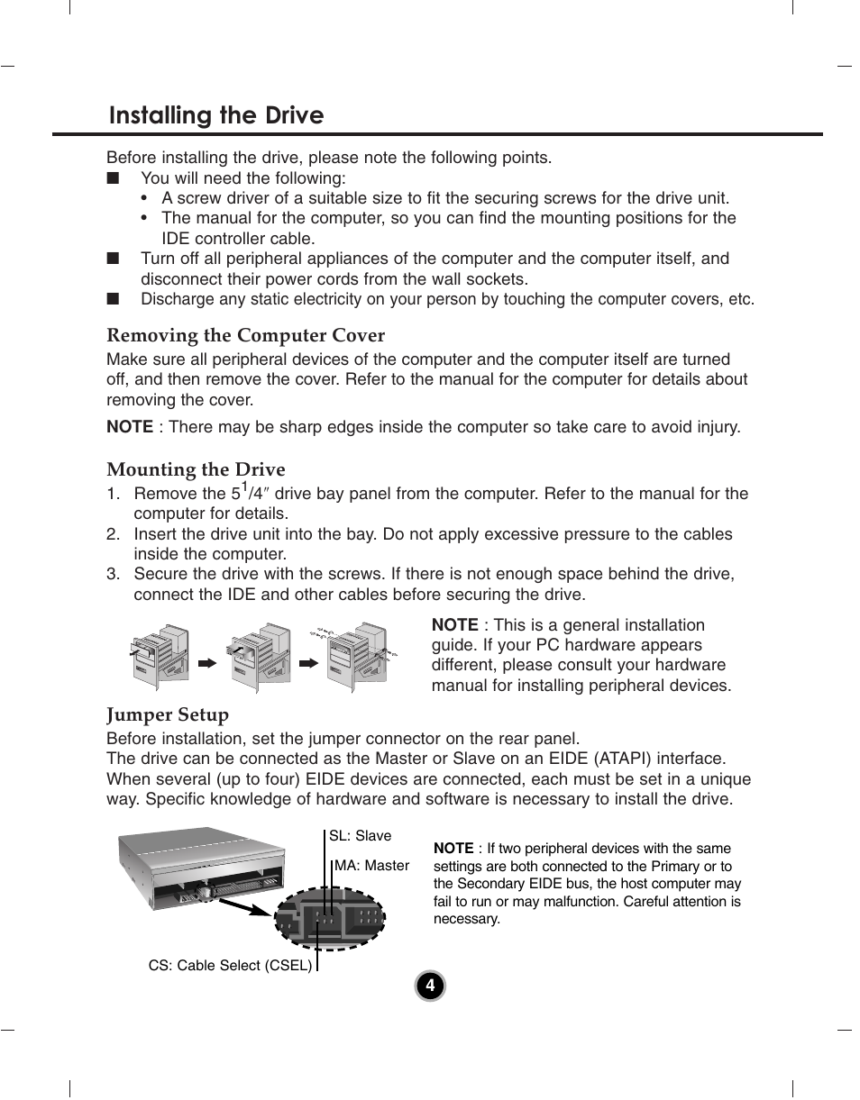 Installing the drive, Removing the computer cover, Mounting the drive | Jumper setup | LG GH22NP21 User Manual | Page 7 / 14