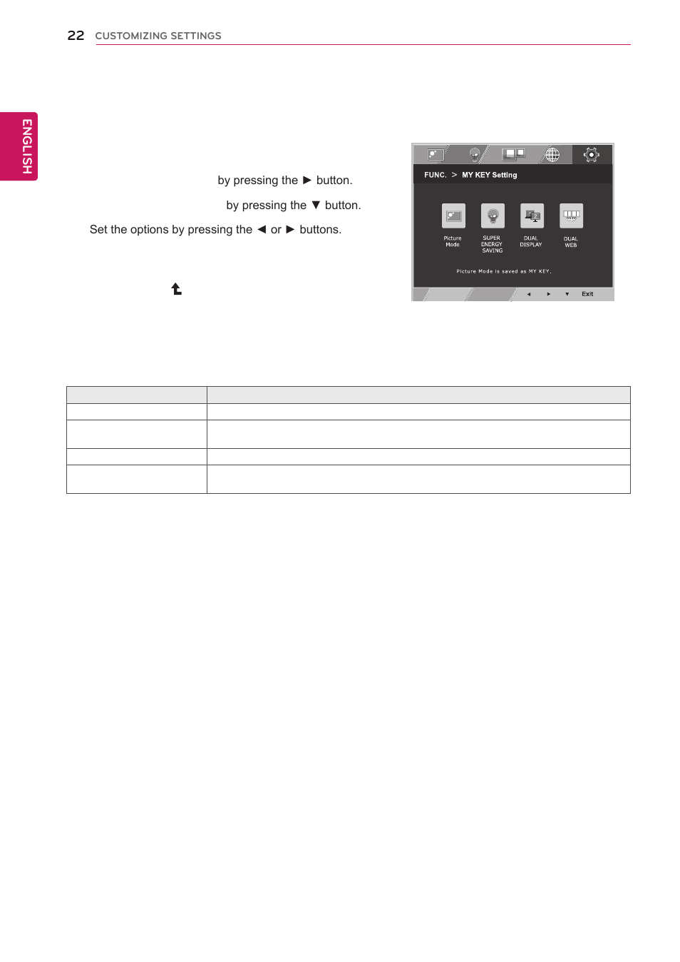 My key setting, English | LG 27EA53V-P User Manual | Page 22 / 31