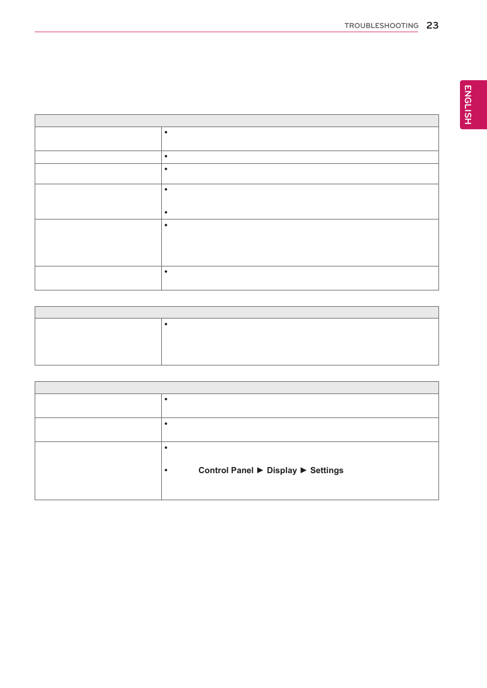 Troubleshooting, Check the following before calling for service, English | LG 27EA53V-P User Manual | Page 23 / 31