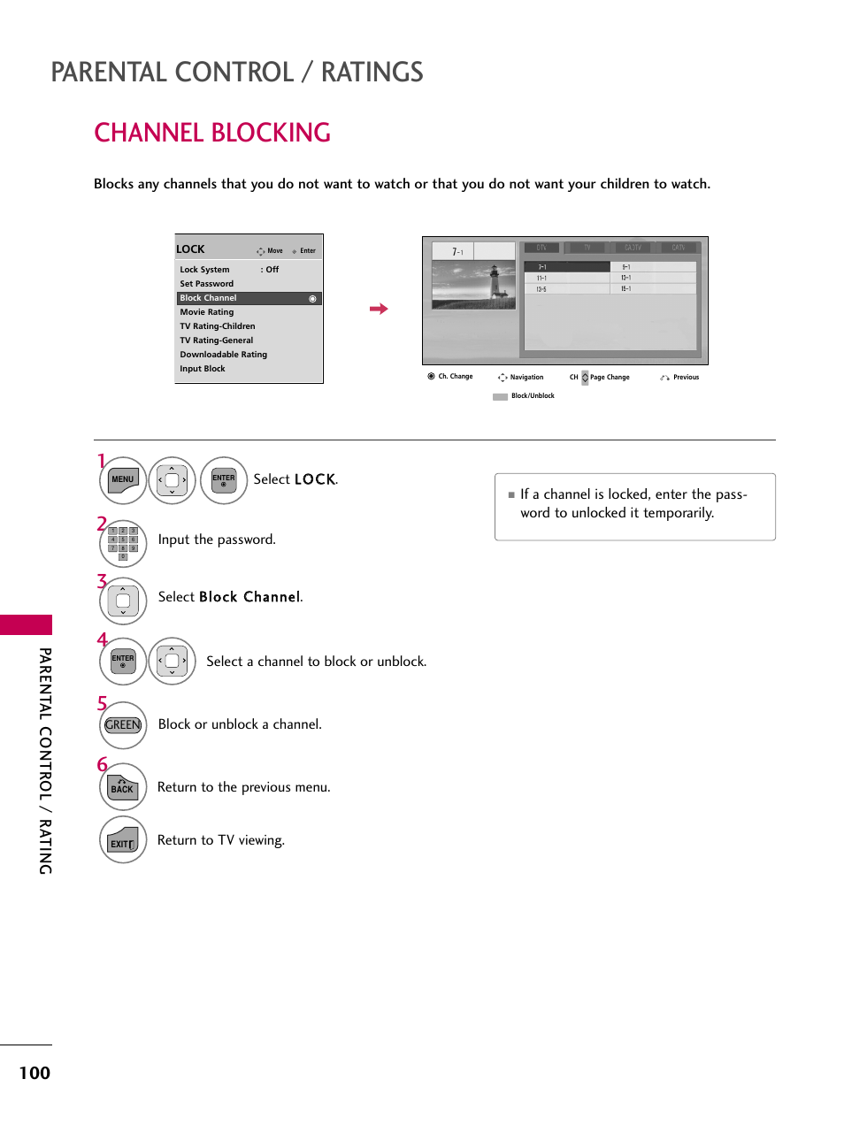 Channel blocking, Parental control / ratings, Parent al contr ol / r ating | LG 32LD350 User Manual | Page 100 / 134