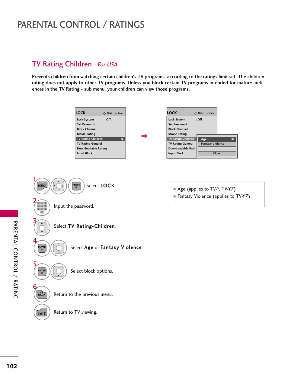 Tv rating children - for usa, Parental control / ratings, Tv rating children | For usa, Parent al contr ol / r ating | LG 32LD350 User Manual | Page 102 / 134