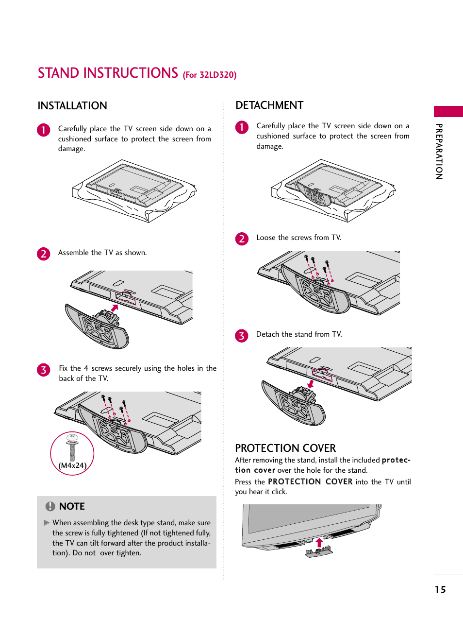 Stand instructions (for 32ld320), Stand instructions, Installation | Detachment, Protection cover | LG 32LD350 User Manual | Page 15 / 134