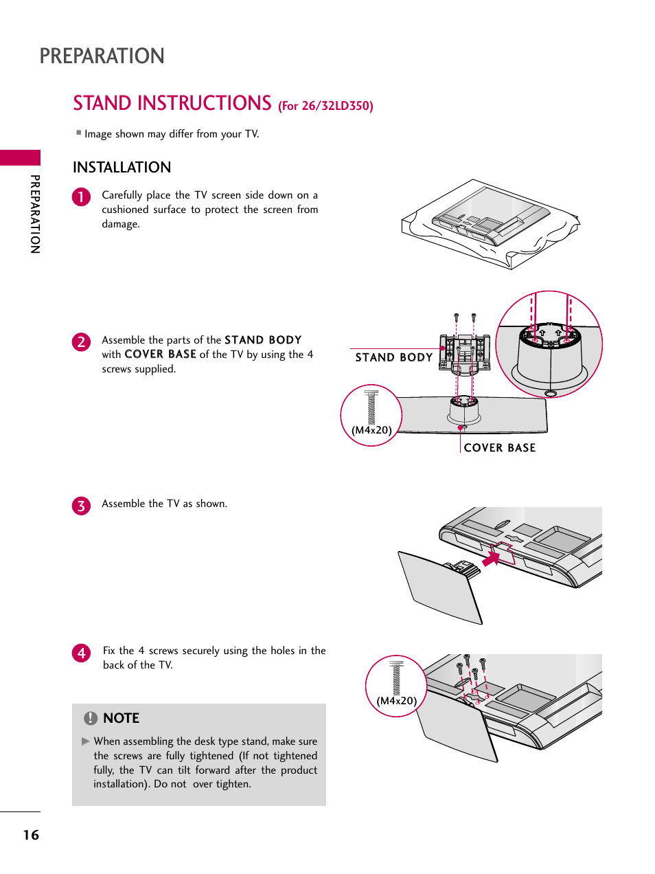 Stand instructions (for 26/32ld350, Preparation, Stand instructions | Installation | LG 32LD350 User Manual | Page 16 / 134