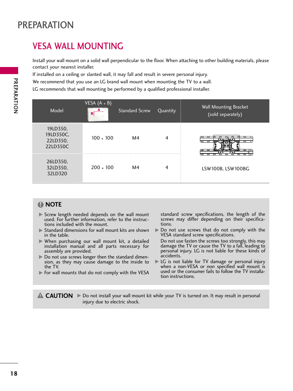 Vesa wall mounting, Preparation, Caution | LG 32LD350 User Manual | Page 18 / 134