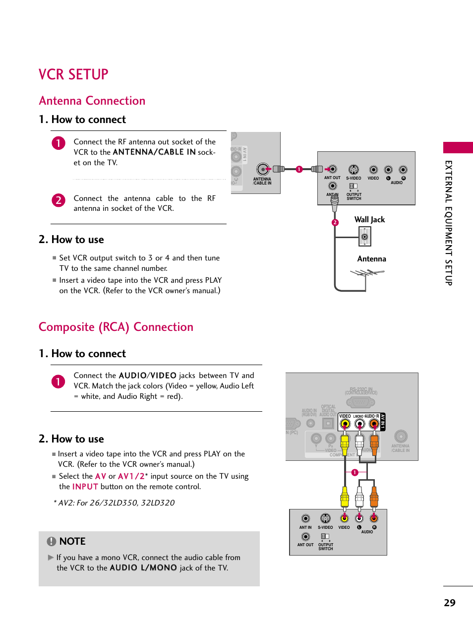 Vcr setup, Antenna connection, Composite (rca) connection | How to connect, How to use, How to connect 2. how to use, External eq uipment setup, Wall jack antenna | LG 32LD350 User Manual | Page 29 / 134