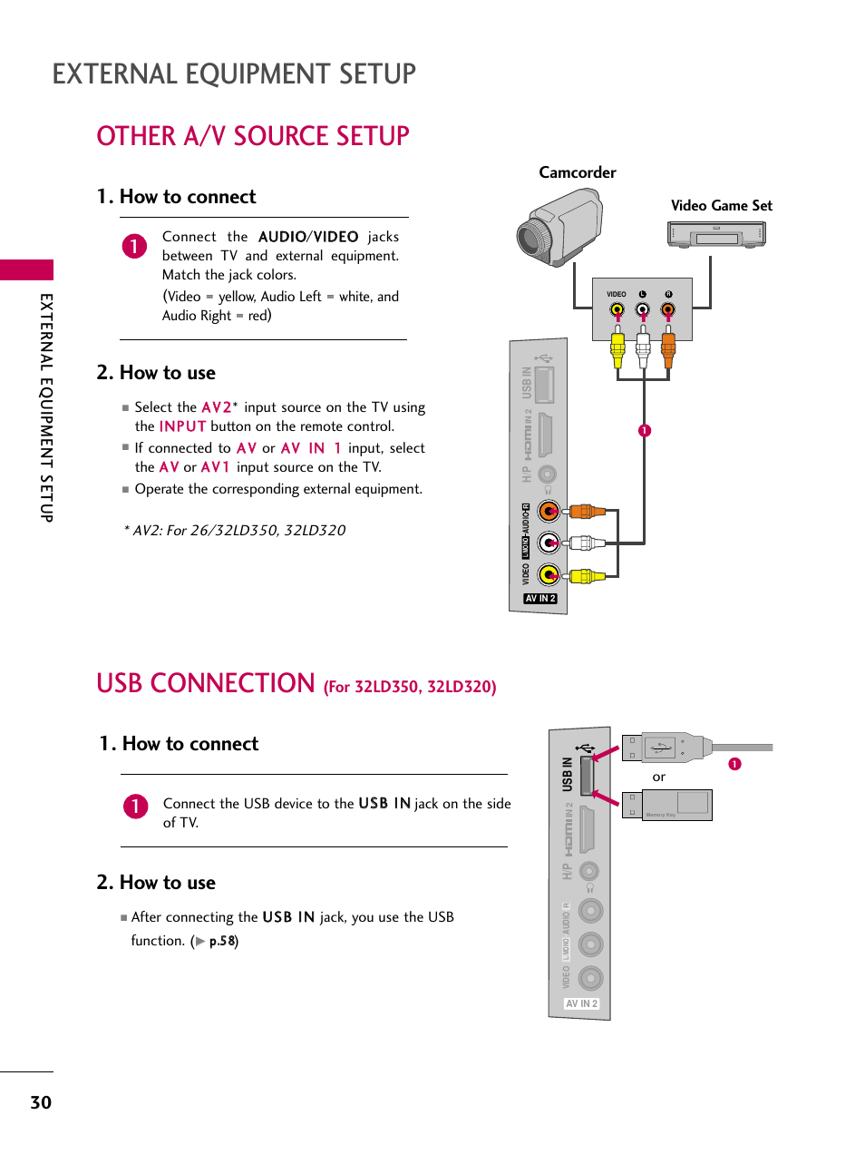 Other a/v source setup, Usb connection (for 32ld350, 32ld320), External equipment setup | Usb connection, How to connect 2. how to use, How to connect, How to use, External eq uipment setup, Camcorder | LG 32LD350 User Manual | Page 30 / 134