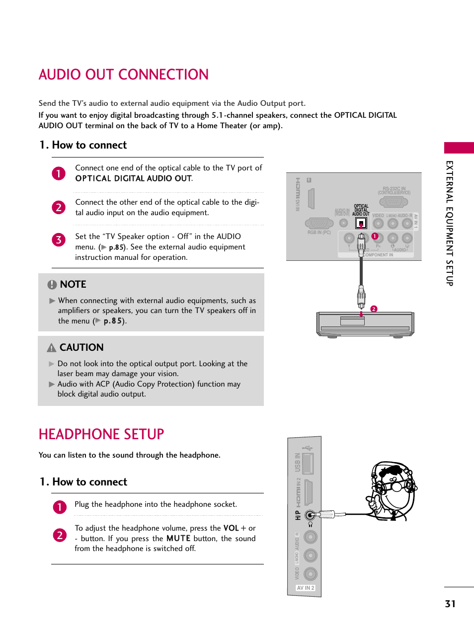 Audio out connection, Headphone setup, How to connect | Caution, External eq uipment setup | LG 32LD350 User Manual | Page 31 / 134