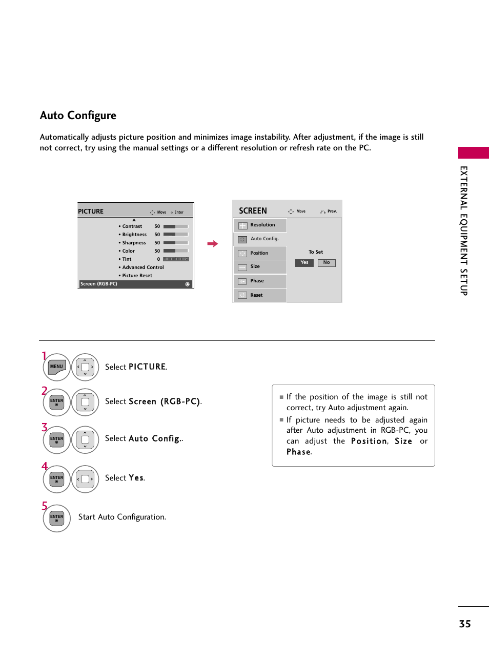 Auto configure, External eq uipment setup | LG 32LD350 User Manual | Page 35 / 134