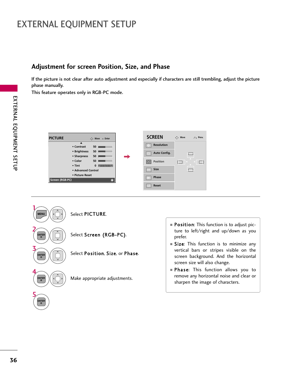 External equipment setup, Adjustment for screen position, size, and phase, External eq uipment setup | LG 32LD350 User Manual | Page 36 / 134