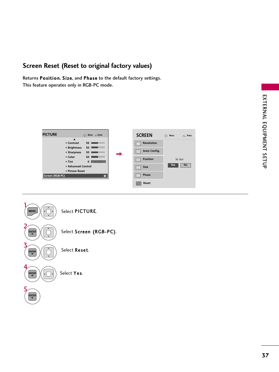 Screen reset (reset to original factory values), External eq uipment setup | LG 32LD350 User Manual | Page 37 / 134