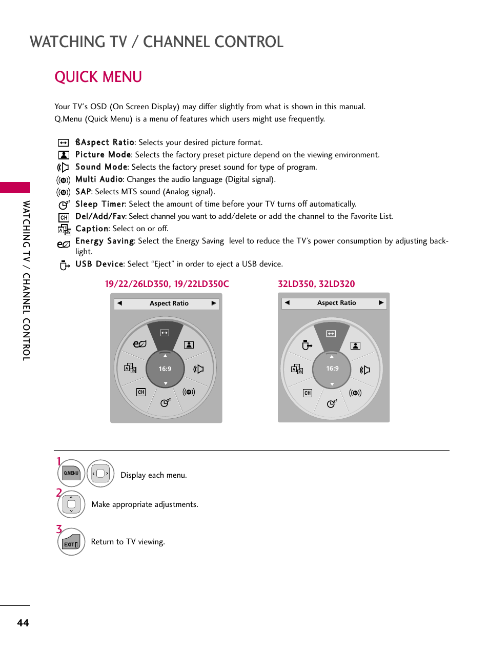 Quick menu, Watching tv / channel control, Watching tv / channel contr ol | LG 32LD350 User Manual | Page 44 / 134