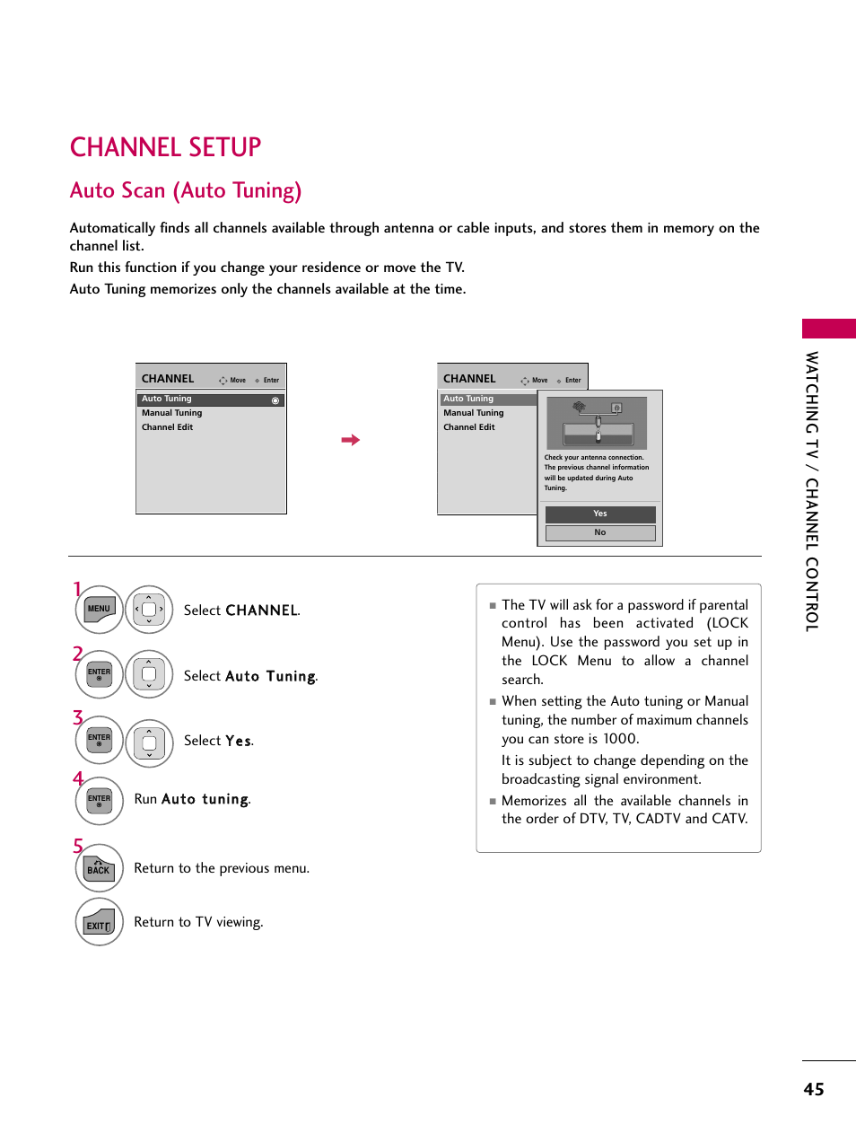 Channel setup, Auto scan (auto tuning), Watching tv / channel contr ol | LG 32LD350 User Manual | Page 45 / 134