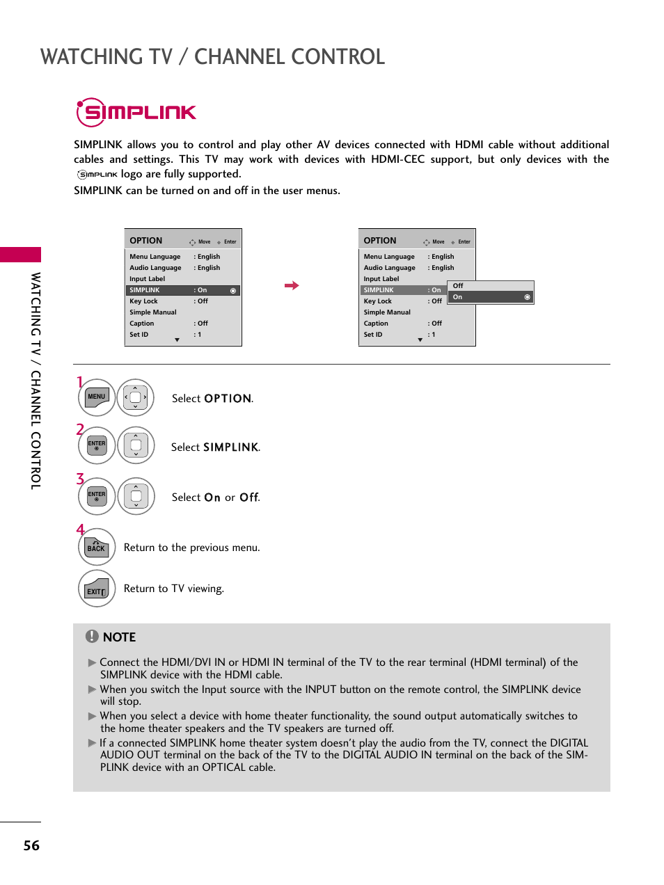 Simplink, Watching tv / channel control, Watching tv / channel contr ol | LG 32LD350 User Manual | Page 56 / 134