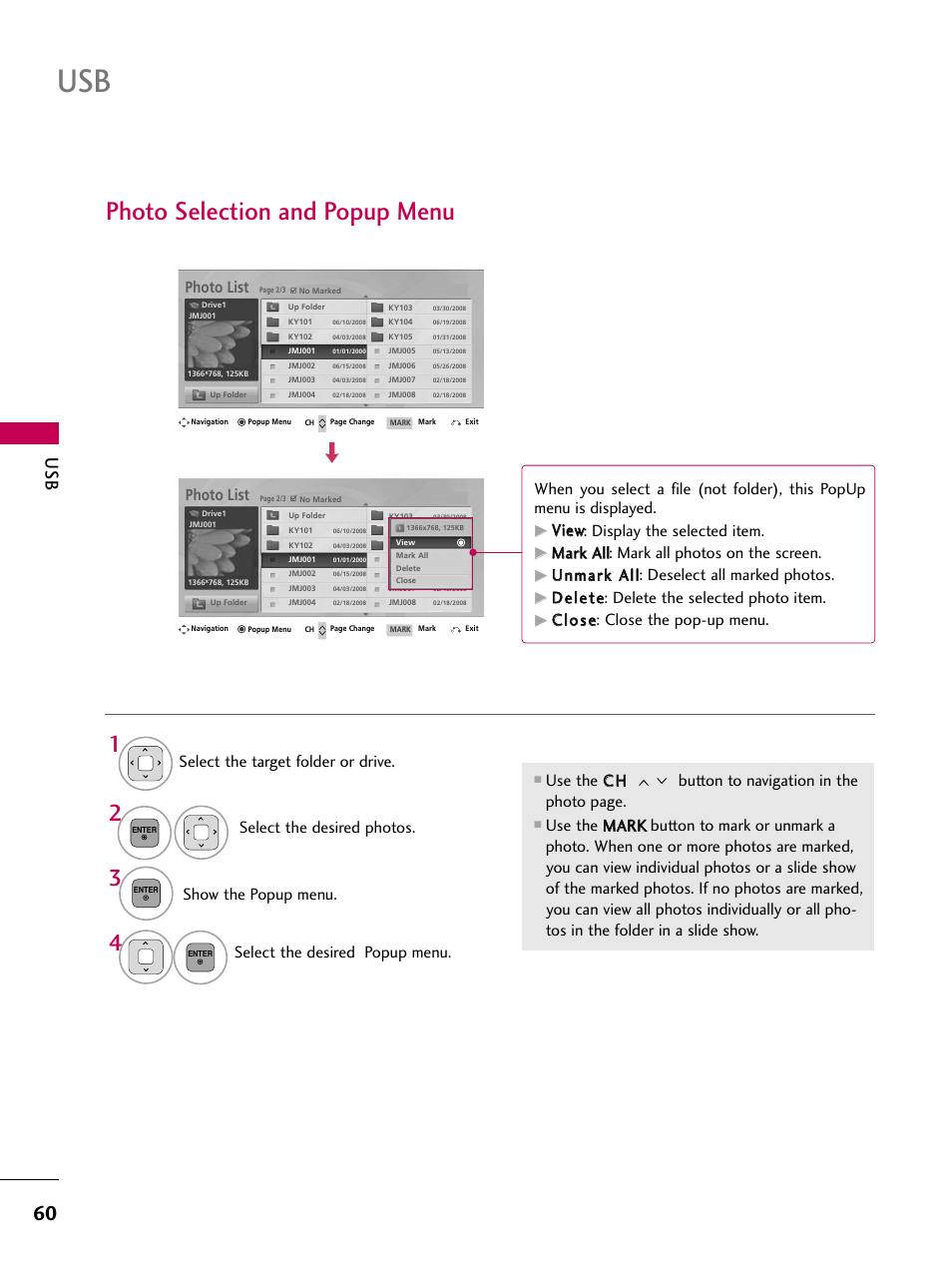Photo selection and popup menu, Show the popup menu, Select the desired popup menu | Photo list, Vviieew w: display the selected item, Ddeelleettee: delete the selected photo item, Ccllo ossee: close the pop-up menu | LG 32LD350 User Manual | Page 60 / 134