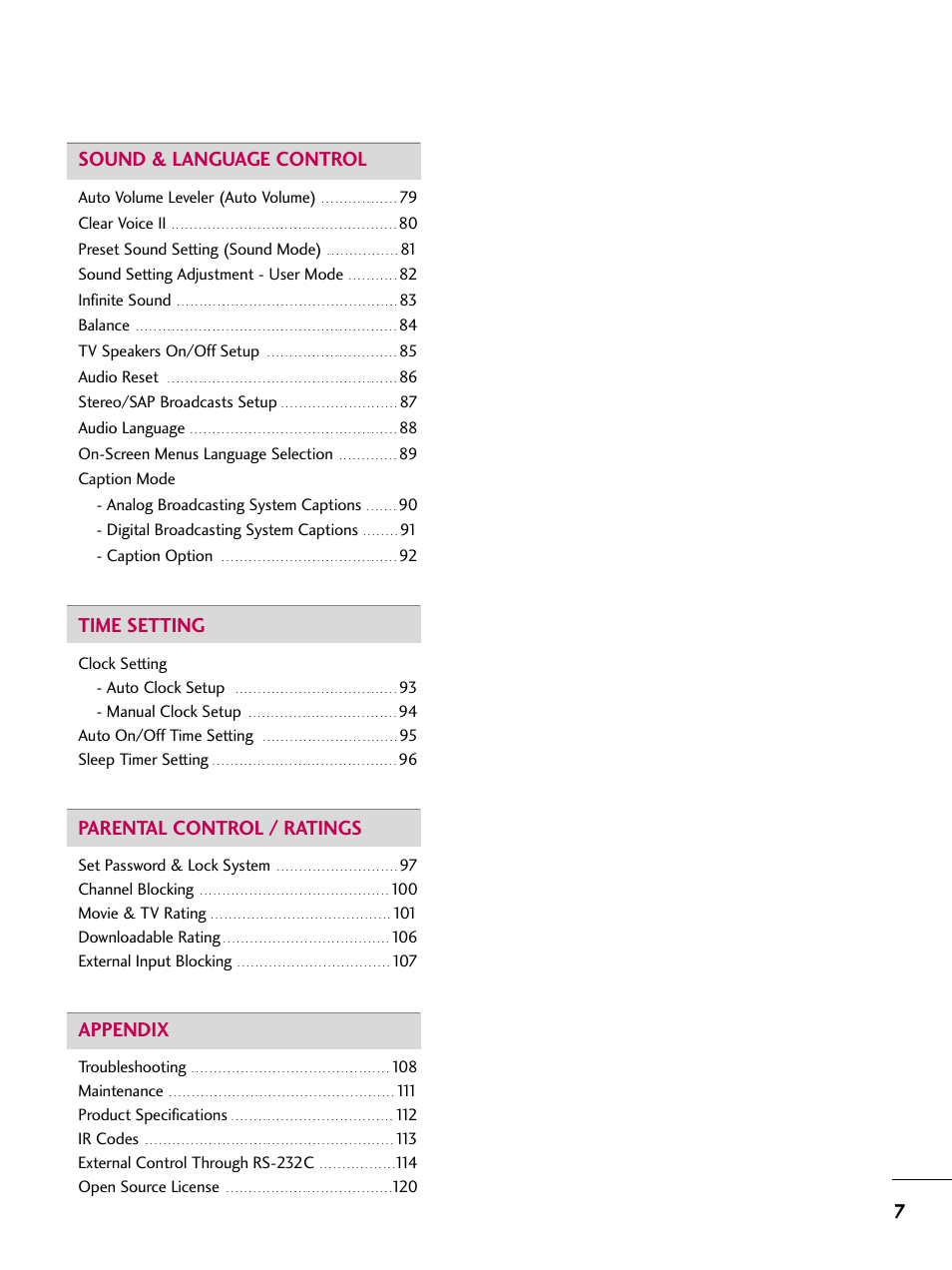 7sound & language control, Time setting, Parental control / ratings | Appendix | LG 32LD350 User Manual | Page 7 / 134