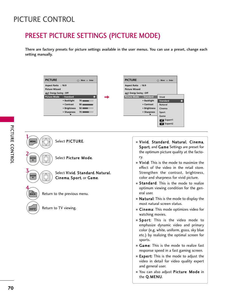 Preset picture settings (picture mode), Picture control, Picture contr ol | LG 32LD350 User Manual | Page 70 / 134