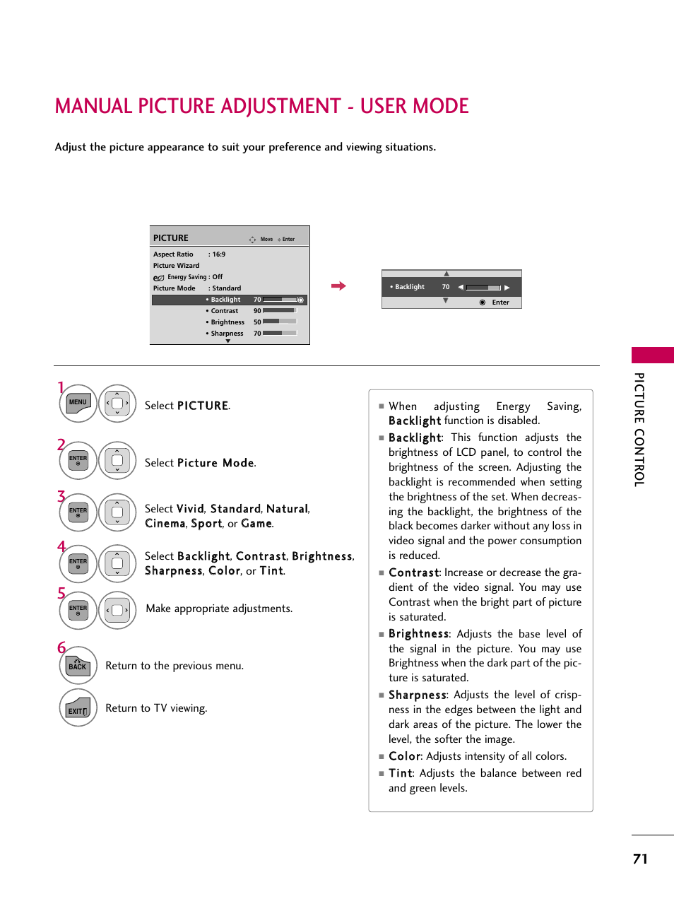 Manual picture adjustment - user mode, Picture contr ol | LG 32LD350 User Manual | Page 71 / 134