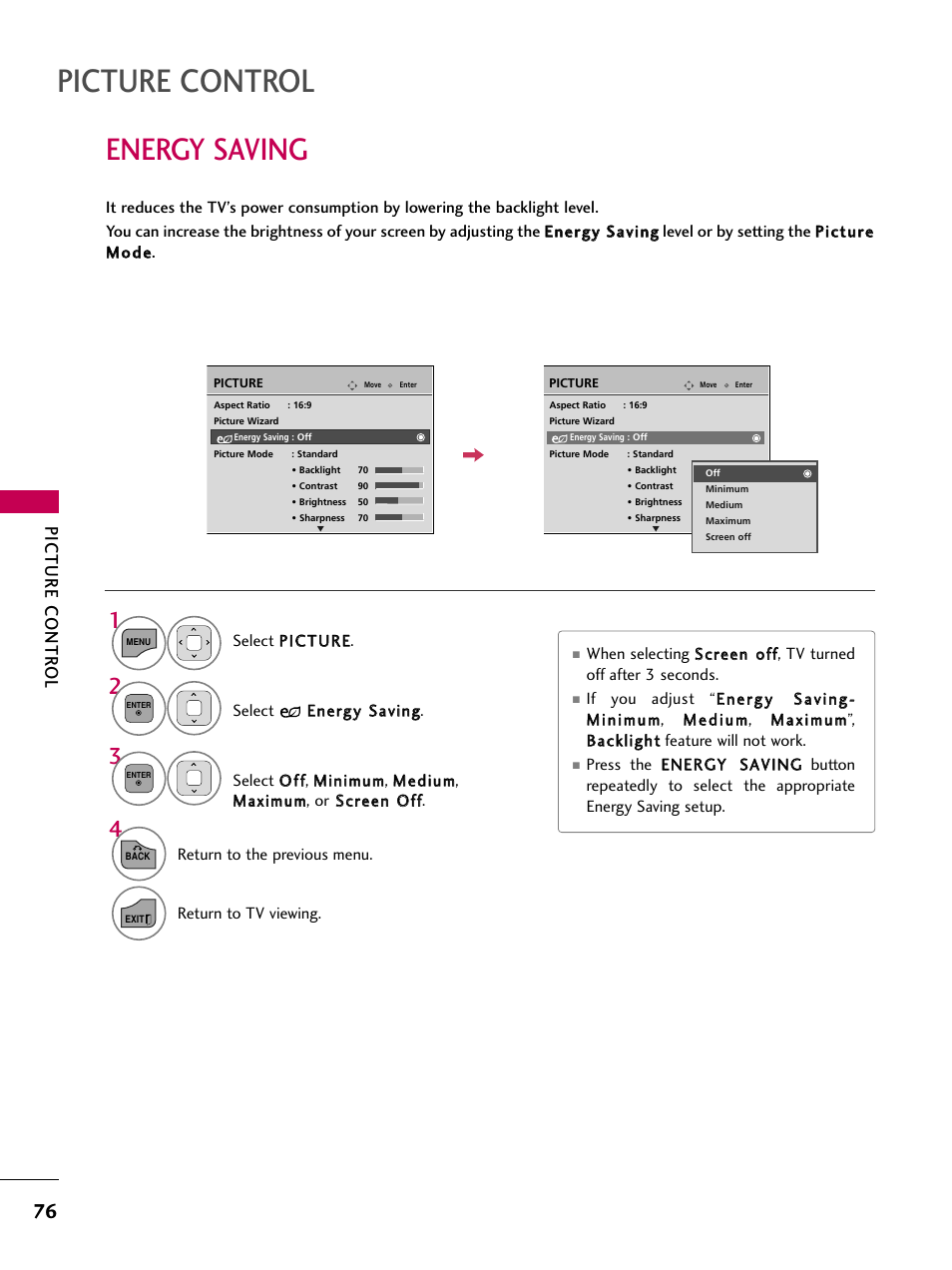 Energy saving, Picture control, Picture contr ol | LG 32LD350 User Manual | Page 76 / 134