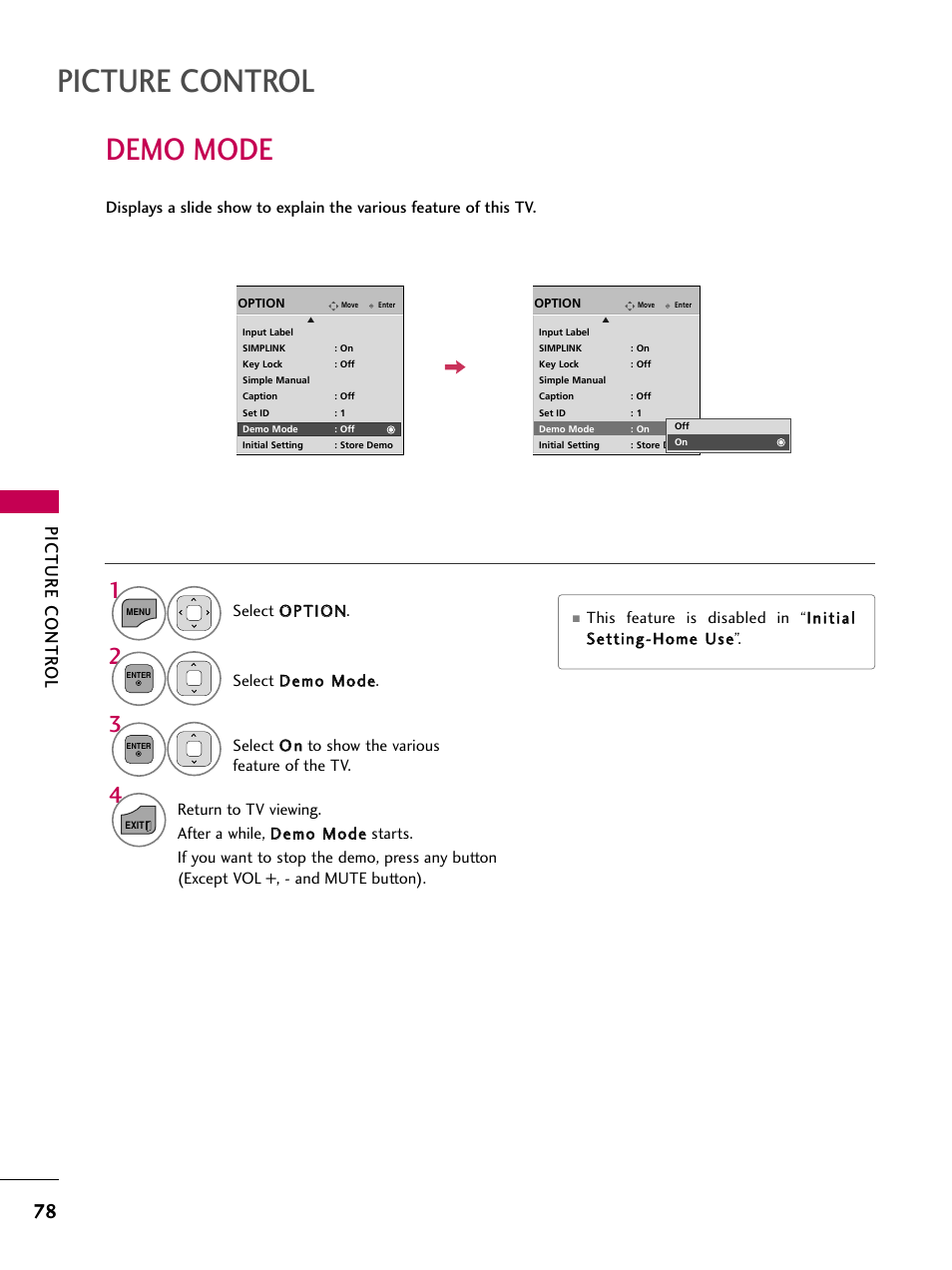 Demo mode, Picture control, Picture contr ol | LG 32LD350 User Manual | Page 78 / 134