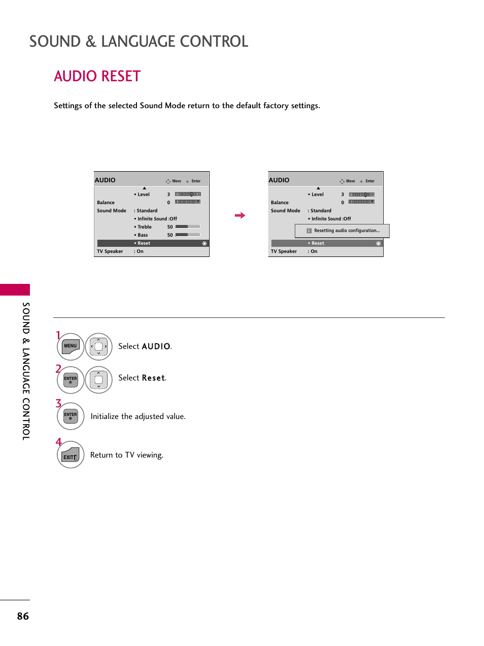 Audio reset, Sound & language control, Sound & langu a ge contr ol | Initialize the adjusted value, Return to tv viewing | LG 32LD350 User Manual | Page 86 / 134