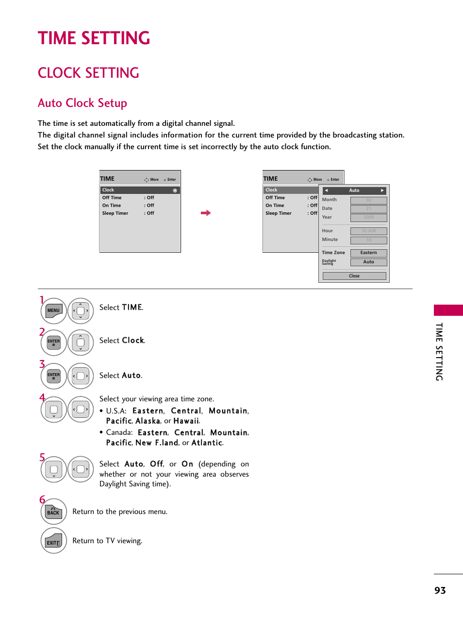 Time setting, Clock setting, Auto clock setup | LG 32LD350 User Manual | Page 93 / 134