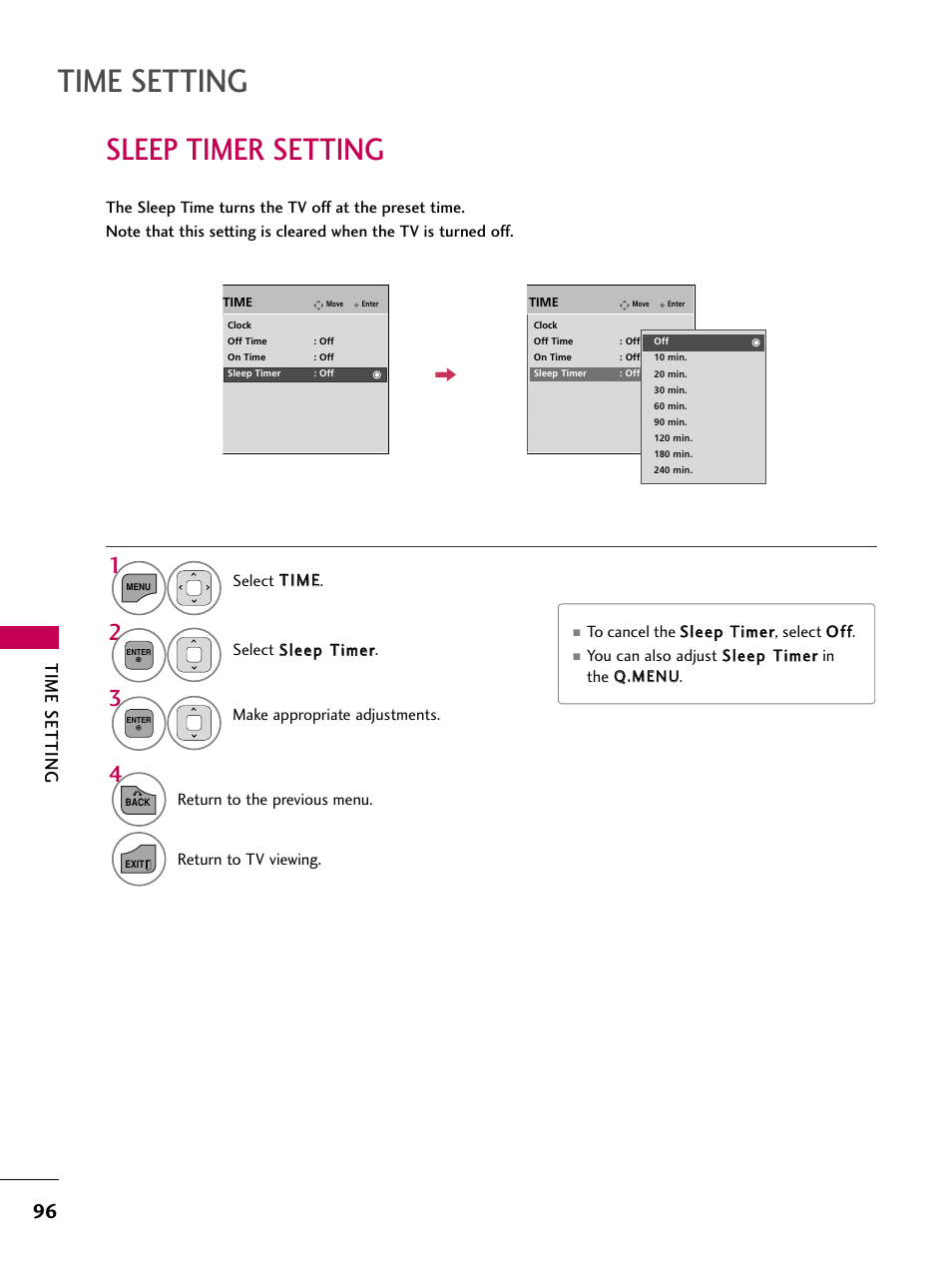 Sleep timer setting, Time setting | LG 32LD350 User Manual | Page 96 / 134