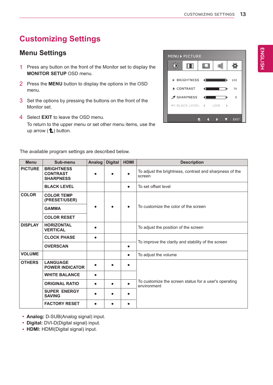 Customizing settings, Menu settings, 13 customizing settings 13 | LG IPS235V-BN User Manual | Page 13 / 26