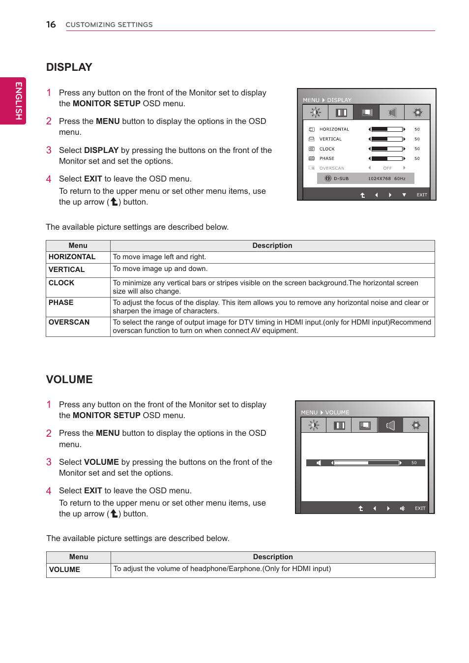 Display, Volume | LG IPS235V-BN User Manual | Page 16 / 26