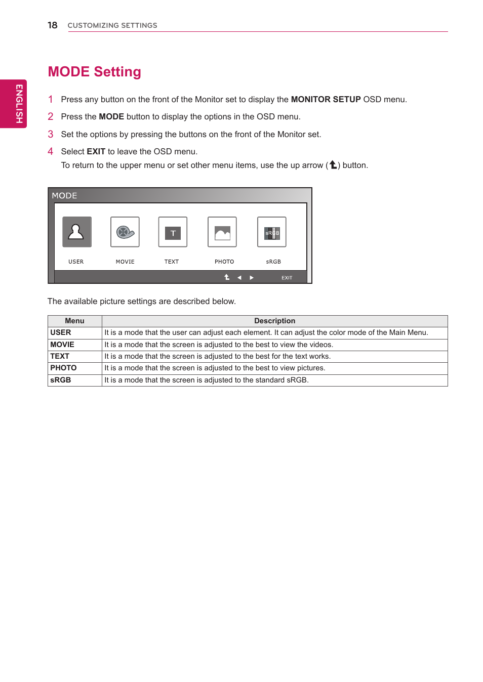 Mode setting, 18 mode setting | LG IPS235V-BN User Manual | Page 18 / 26