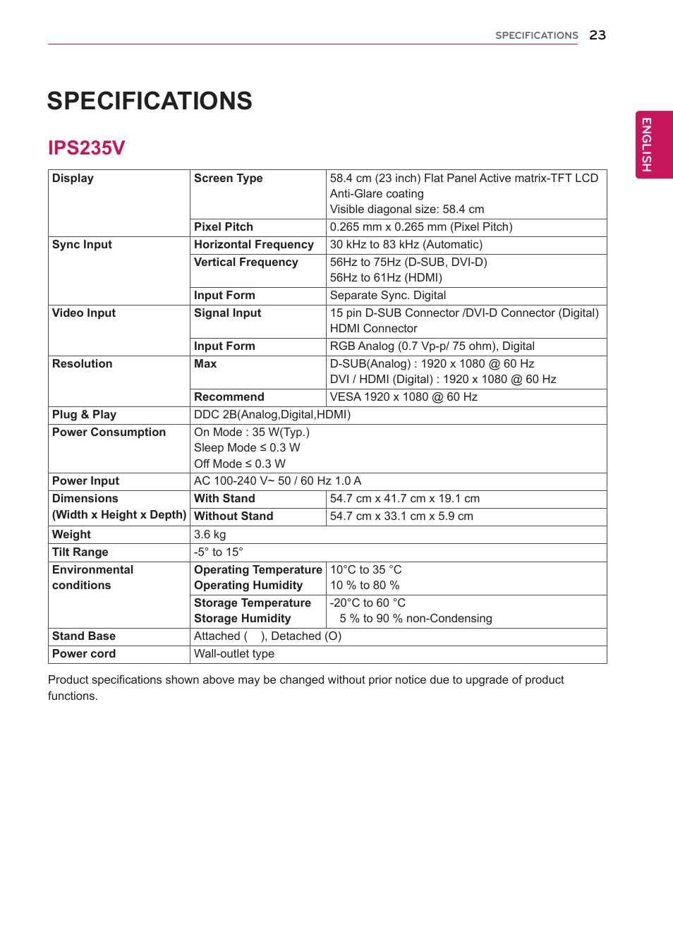 Ips235v, 23 ips235v, Specifications | LG IPS235V-BN User Manual | Page 23 / 26