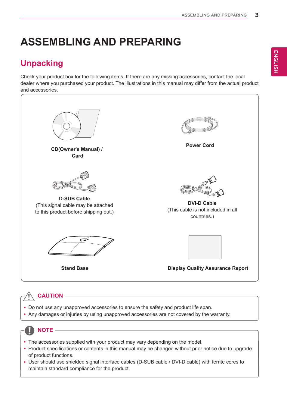 Assembling and preparing, Unpacking, Assembling and | Preparing | LG IPS235V-BN User Manual | Page 3 / 26