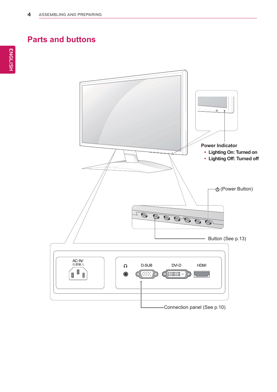 Parts and buttons | LG IPS235V-BN User Manual | Page 4 / 26