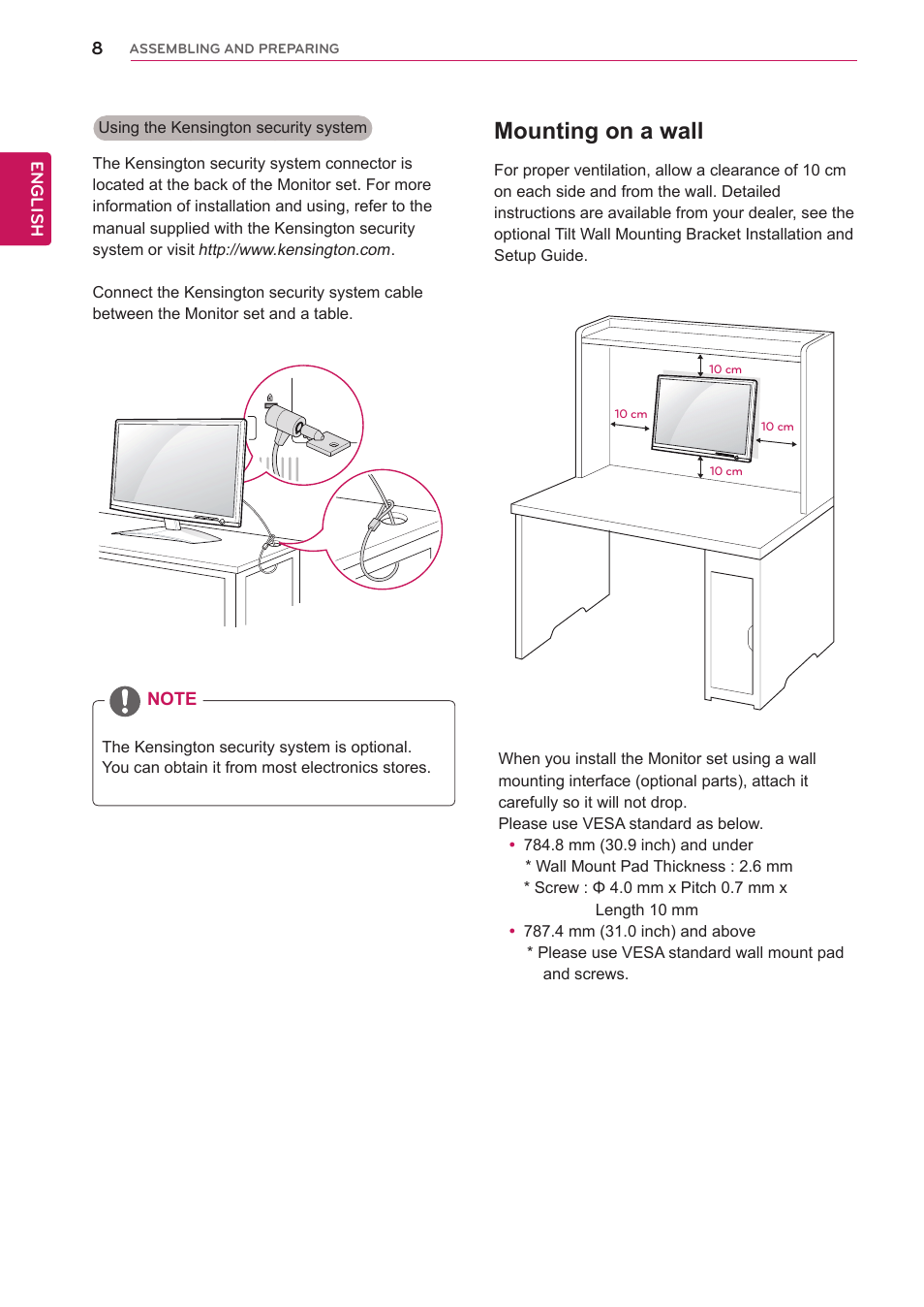 Mounting on a wall | LG IPS235V-BN User Manual | Page 8 / 26
