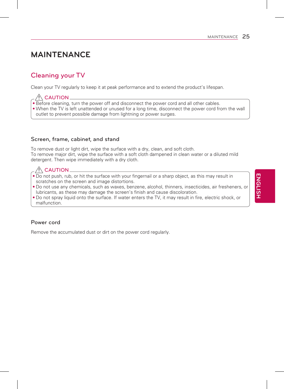 Maintenance, Cleaning your tv | LG 39LB5600 User Manual | Page 25 / 28