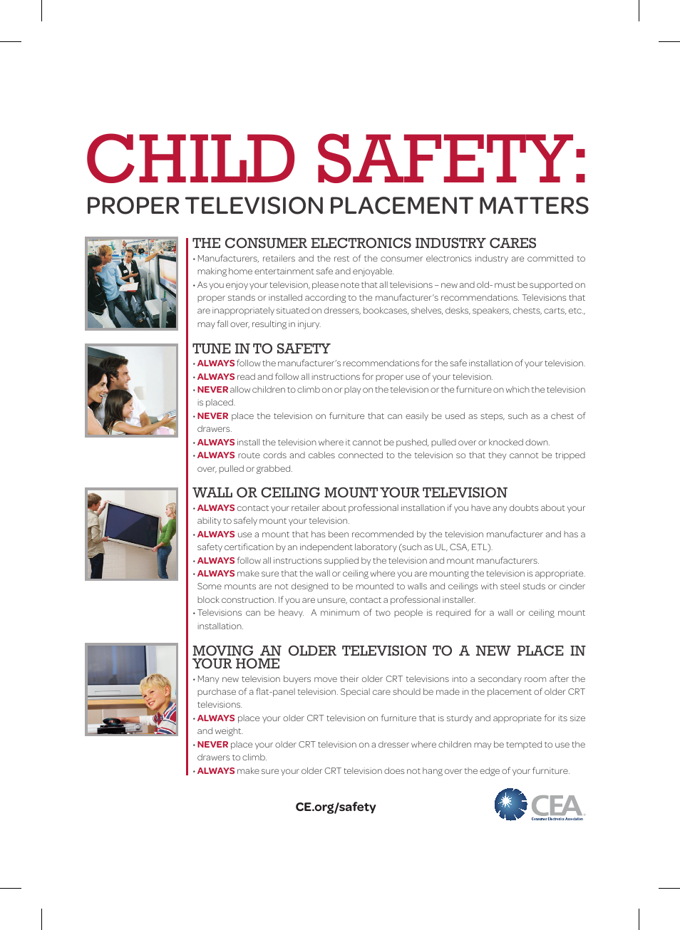 Child safety, Proper television placement matters, The consumer electronics industry cares | Tune in to safety, Wall or ceiling mount your television | LG 39LB5600 User Manual | Page 27 / 28