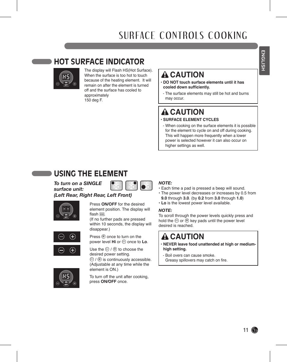 Hot surface indicator, Using the element, Caution | LG LDE3015SB User Manual | Page 11 / 47