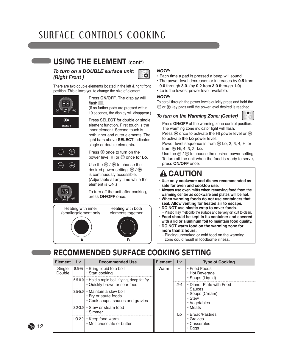 Using the element, Recommended surface cooking setting, Caution | LG LDE3015SB User Manual | Page 12 / 47