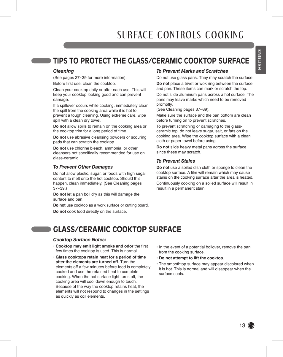 Tips to protect the glass/ceramic cooktop surface, Glass/ceramic cooktop surface | LG LDE3015SB User Manual | Page 13 / 47