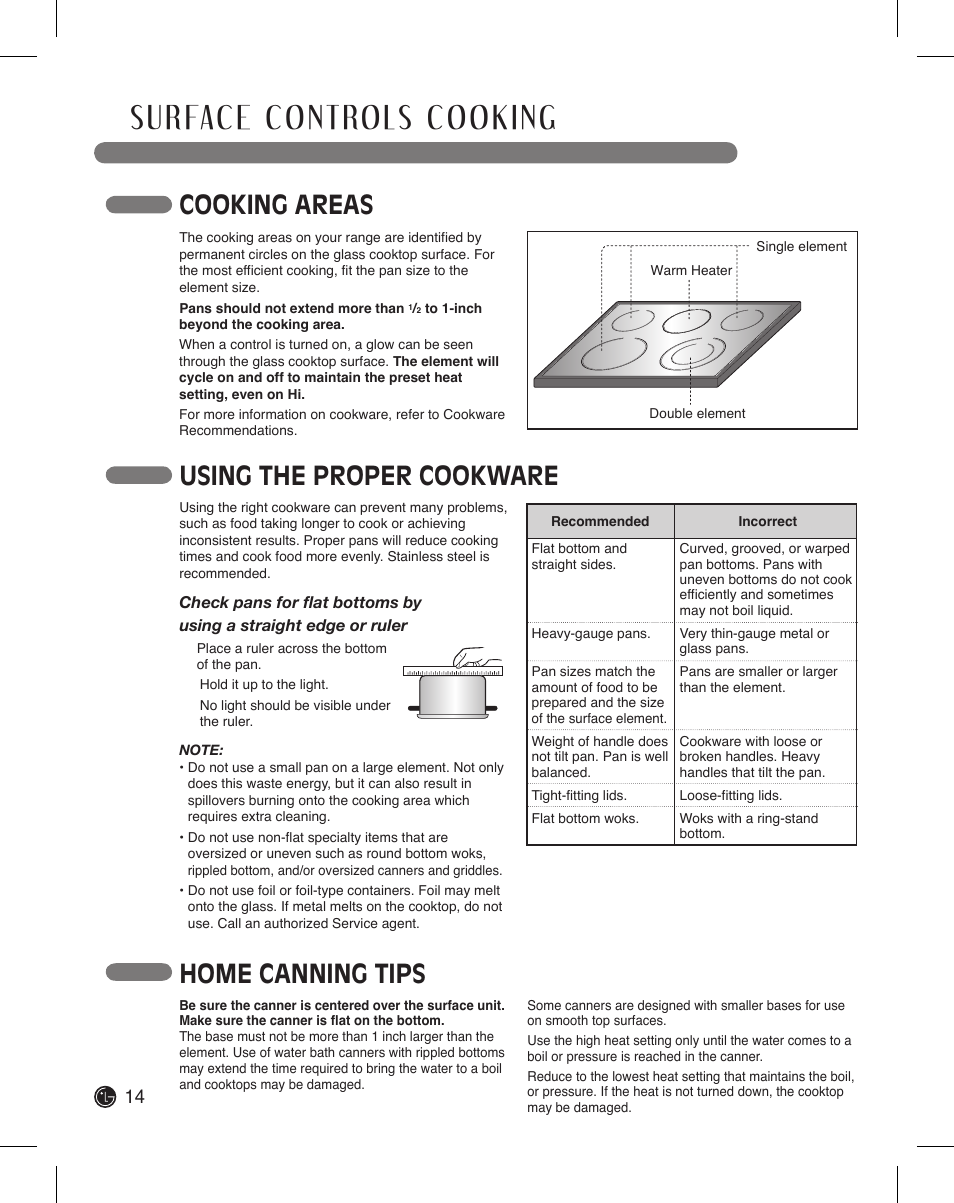 Cooking areas, Home canning tips, Using the proper cookware | LG LDE3015SB User Manual | Page 14 / 47