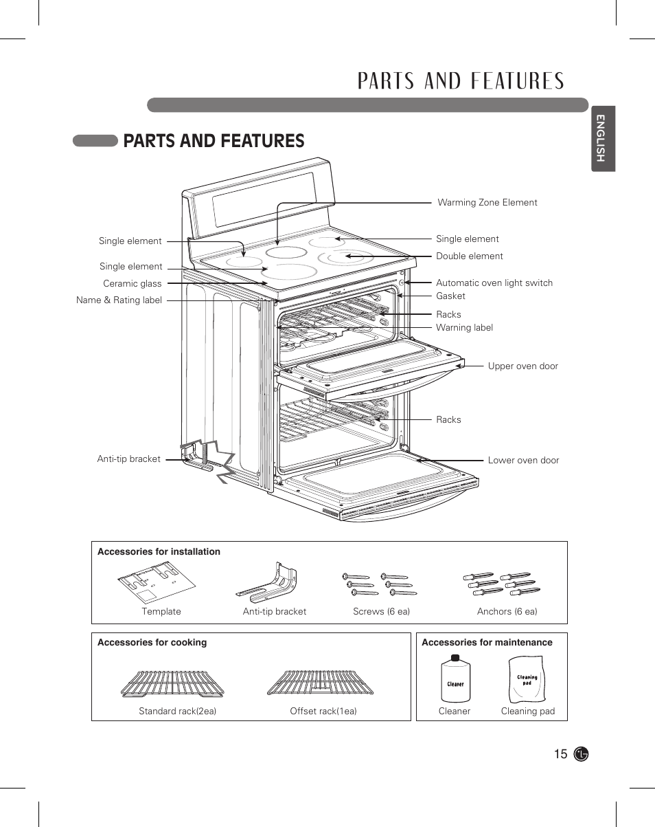 Parts and features | LG LDE3015SB User Manual | Page 15 / 47