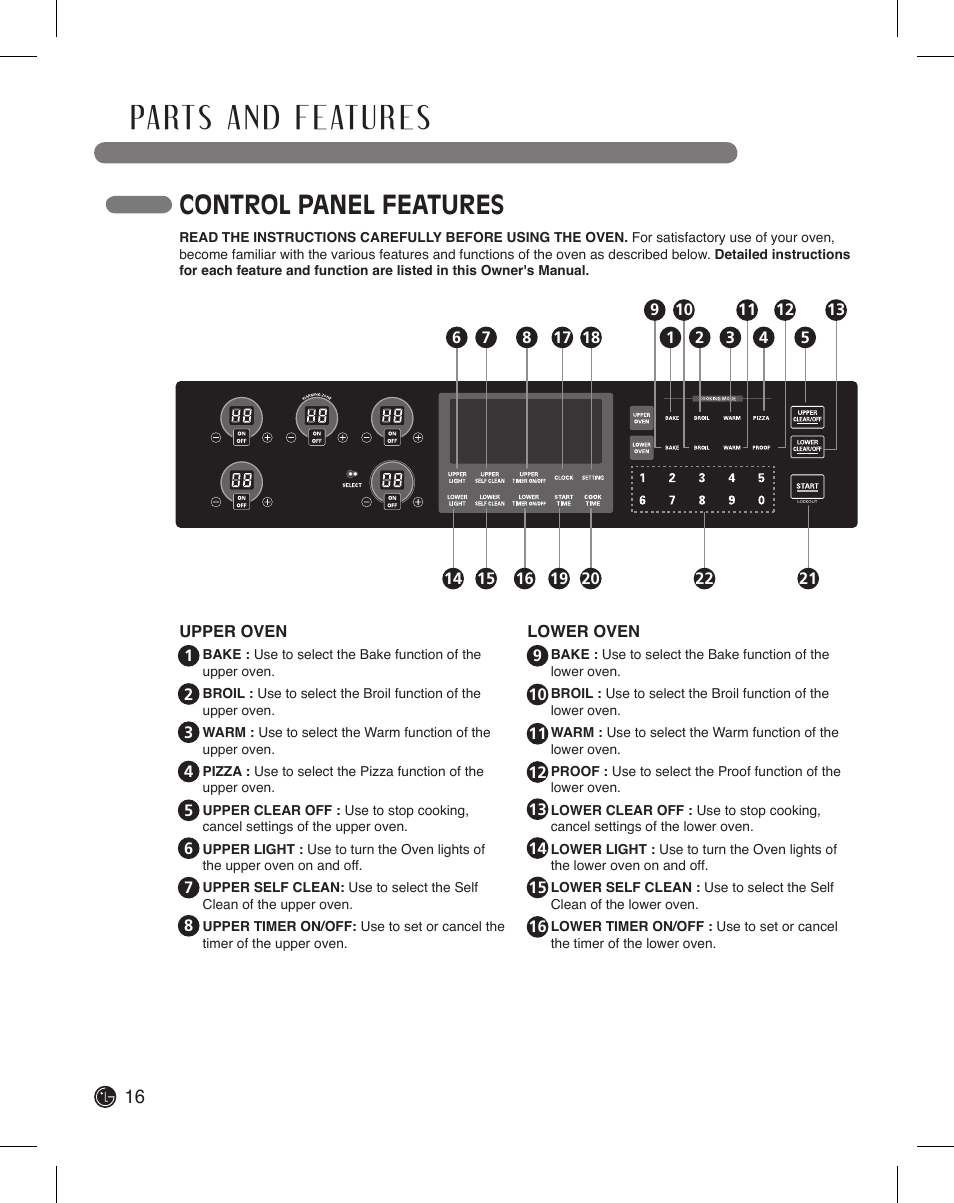 Control panel features | LG LDE3015SB User Manual | Page 16 / 47