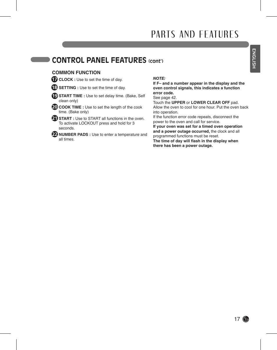Control panel features | LG LDE3015SB User Manual | Page 17 / 47